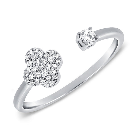 14K Gold Open Floral Diamond Cluster Ring with Solitaire Accent