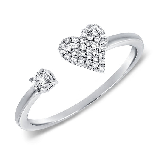 14K Gold Heart Open Diamond Ring with 0.16ct Pavé & Solitaire Accent