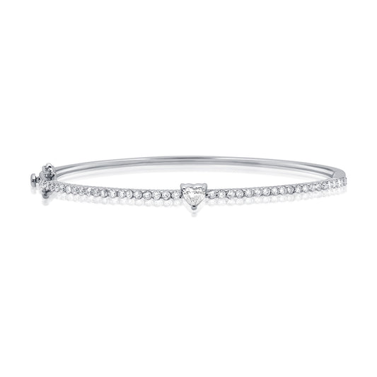 1.00 Carat Heart Shaped and Round Cut Diamond Bangle Bracelet in 14K Gold
