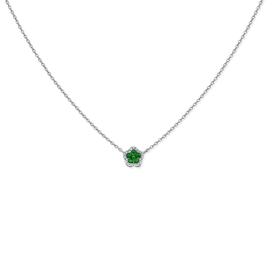 Emerald Clover Charm Necklace in 14K Gold with Diamond Halo