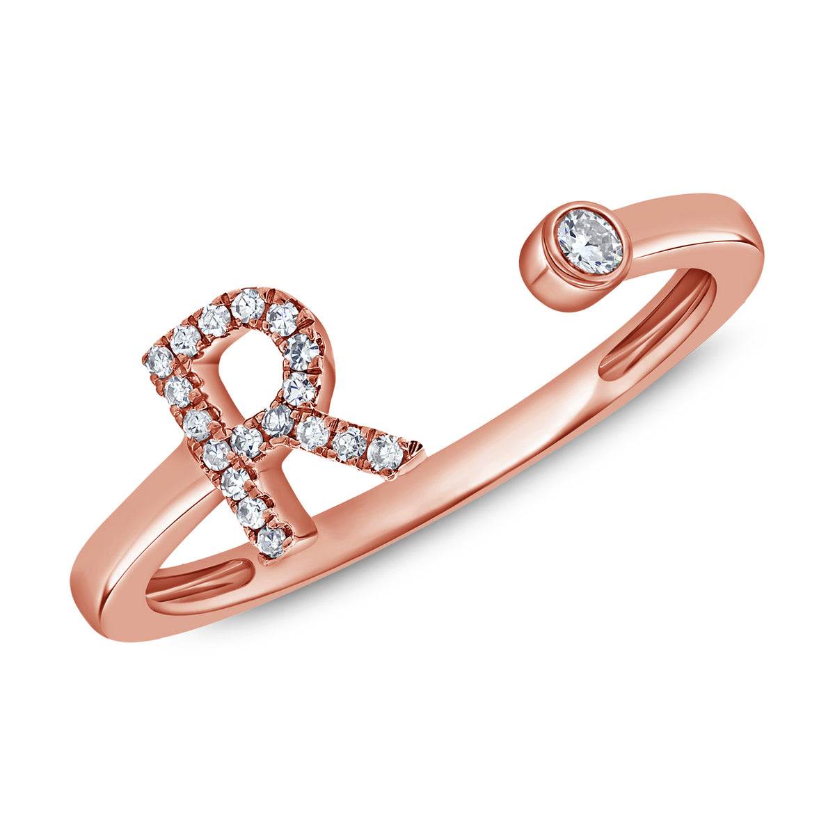 Diamond R Initial Open Ring in 14K Gold