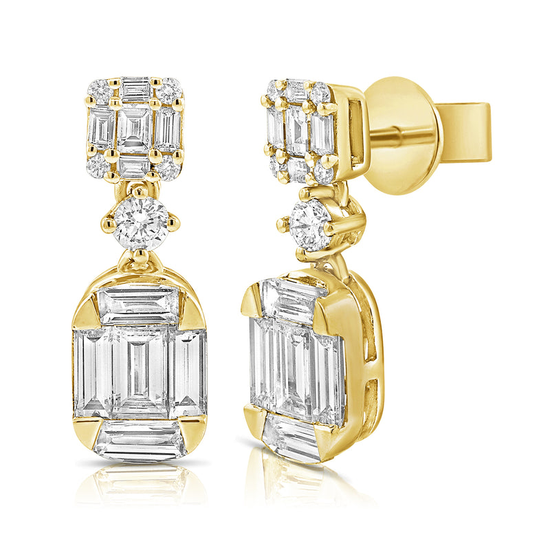 Illusion Set Baguettes & Round Diamond Classic Drop Diamond Earrings TW 1.17 Ct