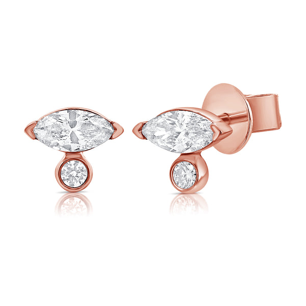 Rose Gold Baguette and Round Cut Diamond Studs