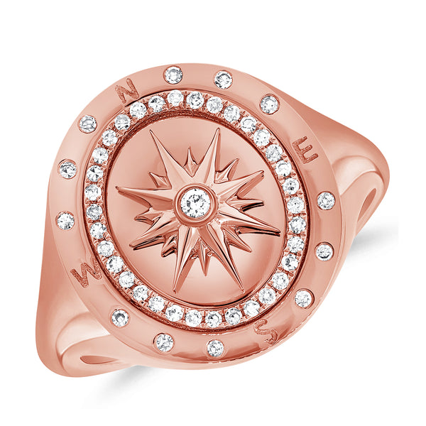 Diamond compass Pinky Ring set with Round Brilliant Diamonds set in 14kt Gold