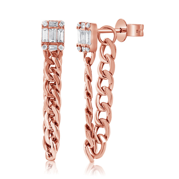 Diamond Studs With Baguette Cuts and Chain Link Dangle Earring