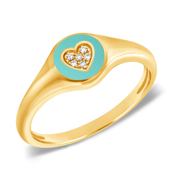 Turquoise Enamel and Brilliant Diamond Heart Pinky Ring in 14kt Yellow Gold