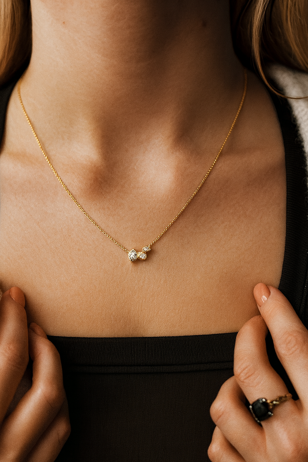 14K Gold Marquise Diamond Trio Necklace 0.42 Carat Bezel-Set Pendant