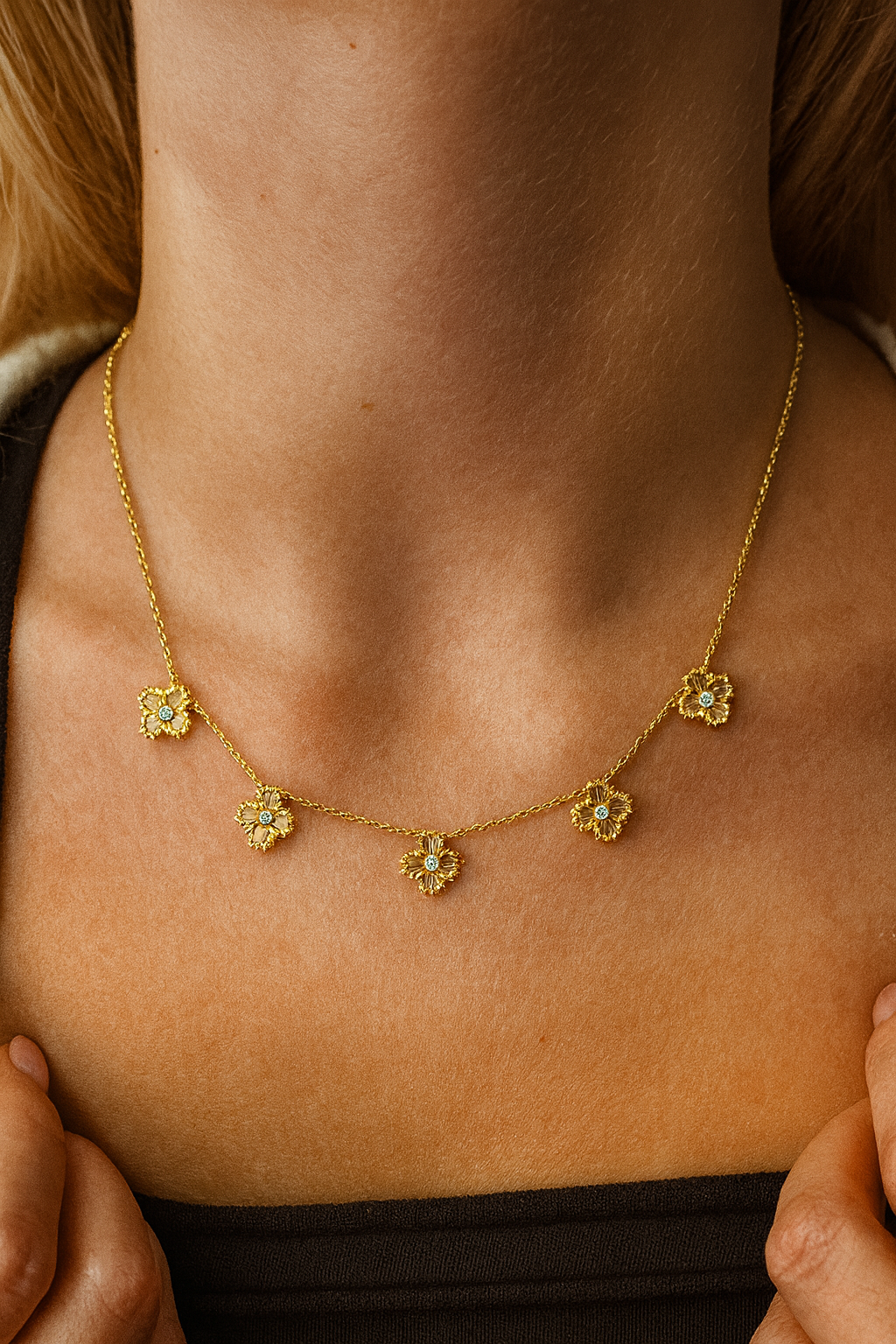 14K Gold Diamond Clover Necklace | 0.15 Carat Delicate Floral Pendant