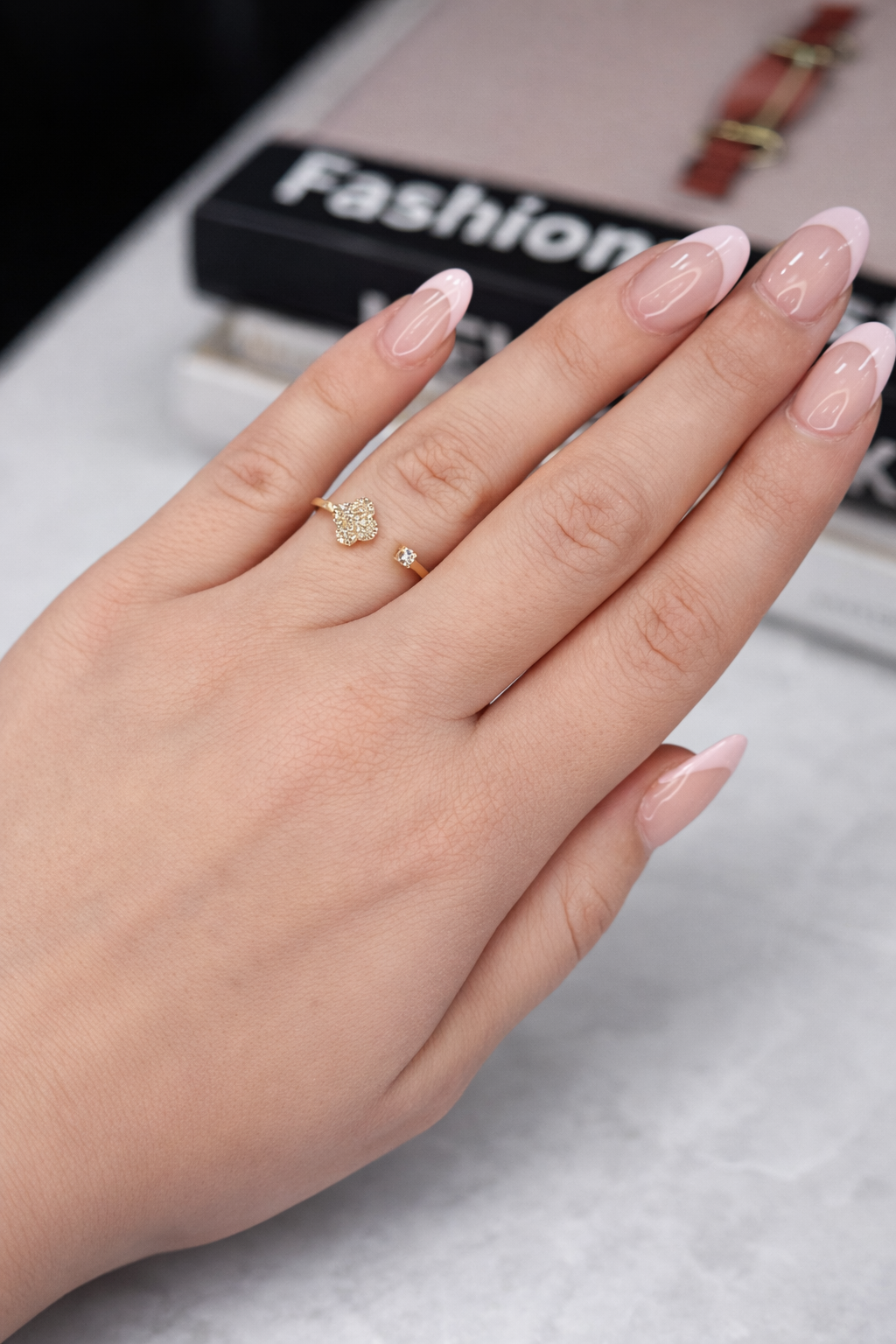 14K Gold Open Floral Diamond Cluster Ring with Solitaire Accent
