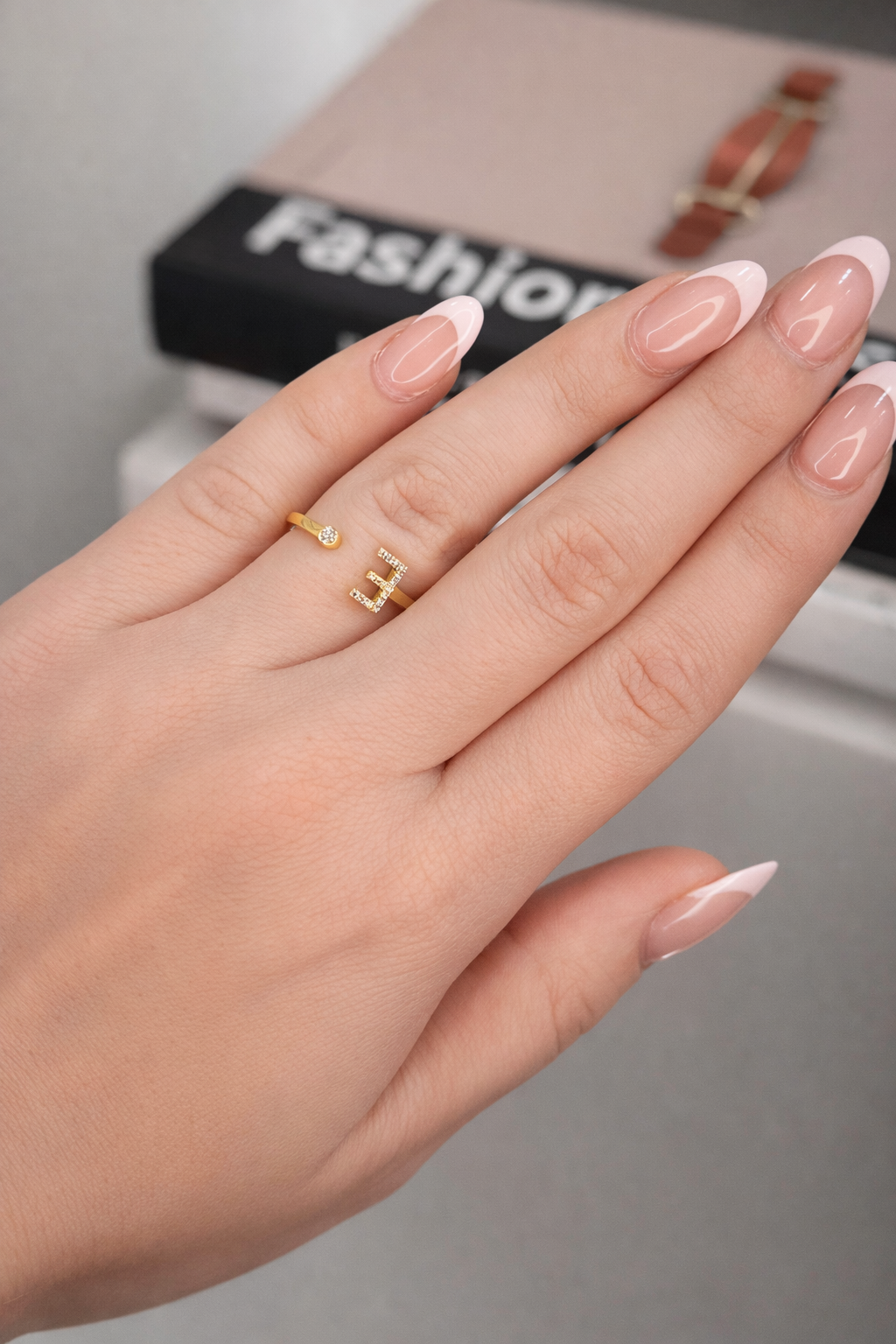 14K Gold Diamond Initial E Ring – Open Wrap Letter Ring, 0.06 CT
