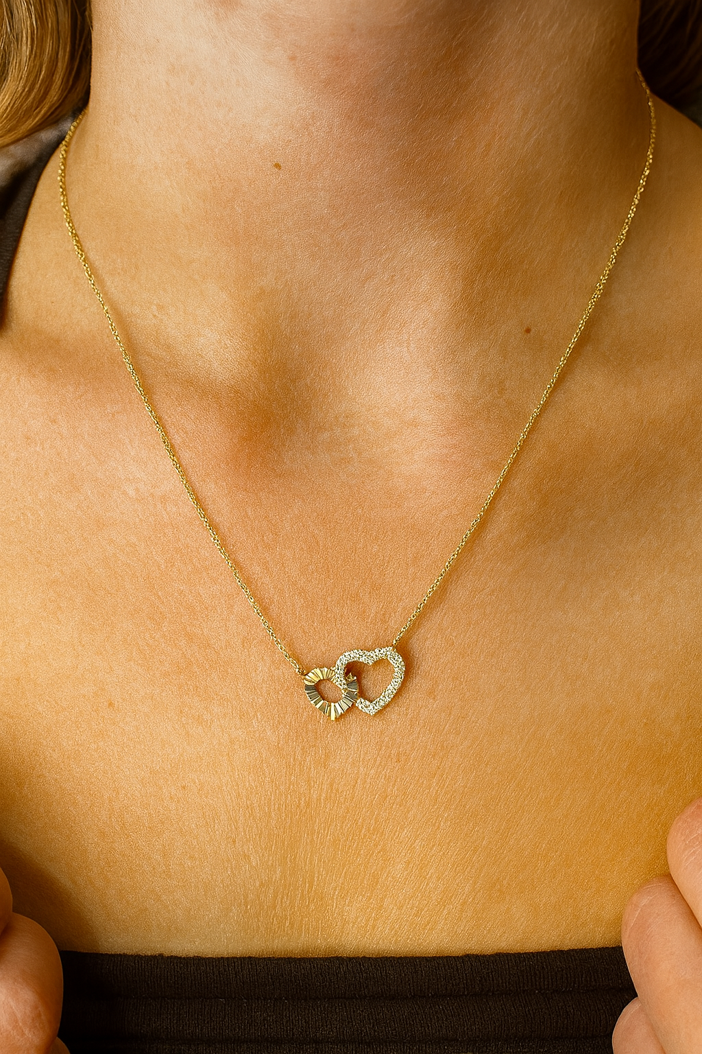 14K Gold Double Heart Pendant Necklace with Diamonds
