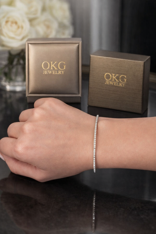 1.00 CT Diamond Bangle Bracelet in 14K White Gold | Elegant Slim Diamond Bangle | OKG Jewelry