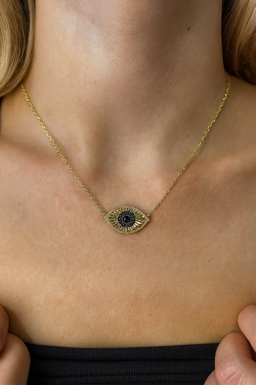 14K Gold Evil Eye Necklace with Sapphires & Diamonds