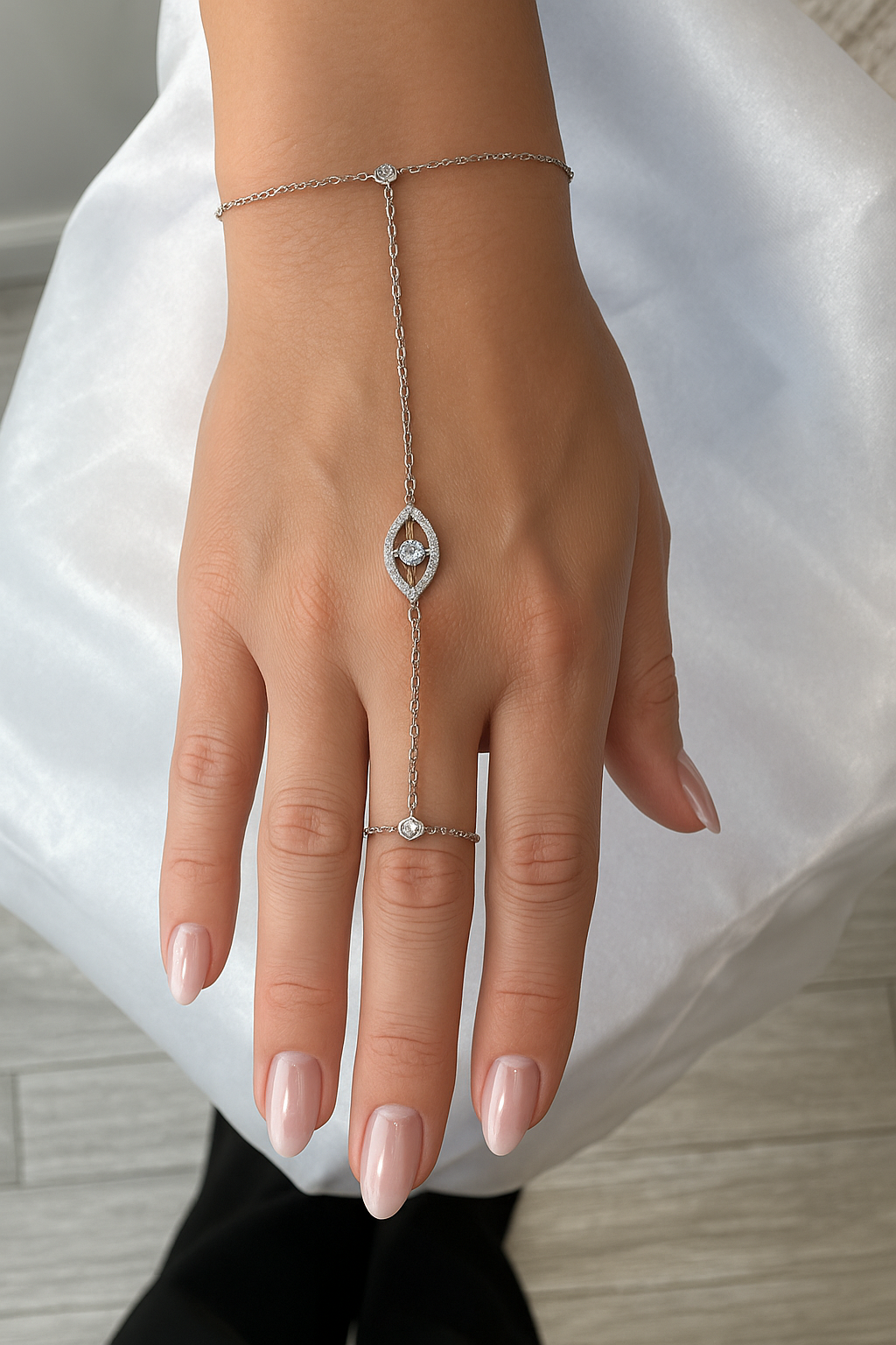 14K Gold Diamond Evil Eye Bracelet with Ring-0.29 Carat Hand Chain