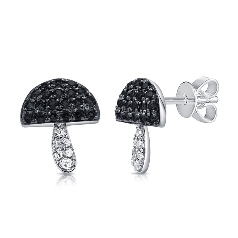 Unique Mushroom Stud Earrings with Black & White Diamonds