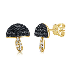 Unique Mushroom Stud Earrings with Black & White Diamonds