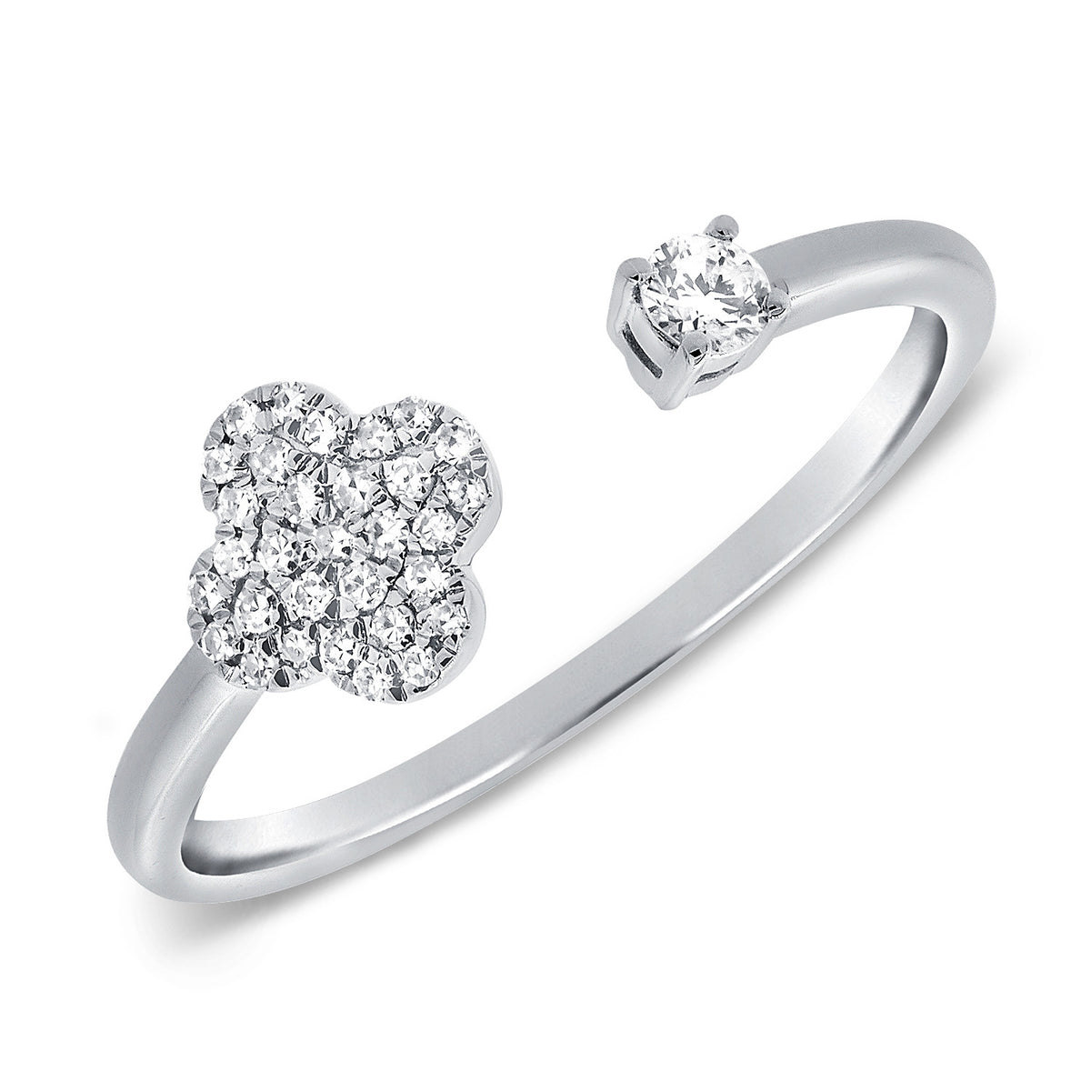 14K Gold Open Floral Diamond Cluster Ring with Solitaire Accent