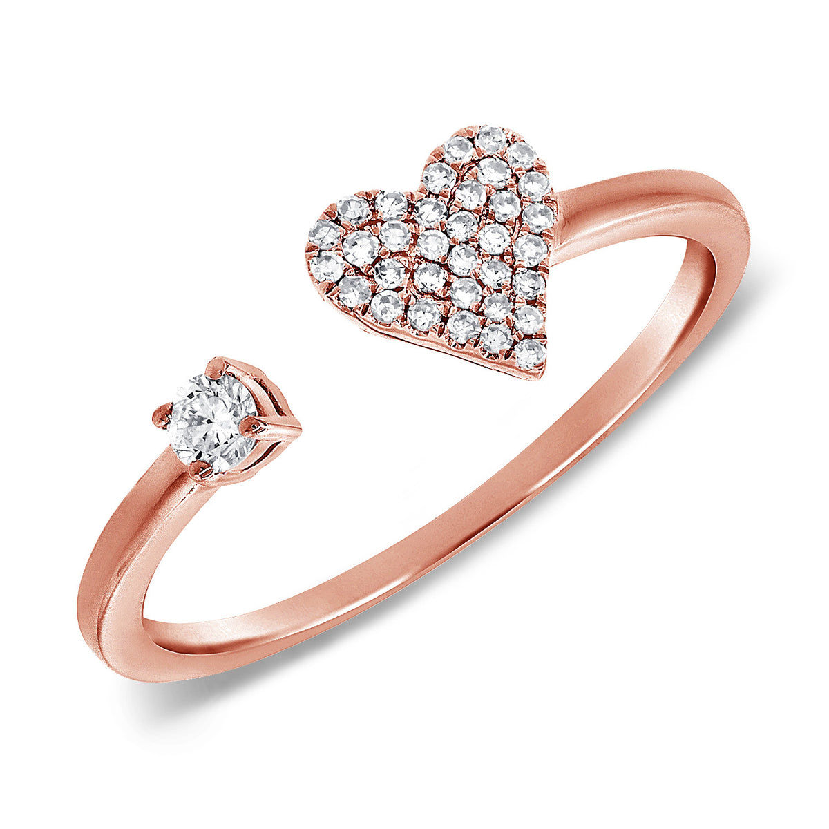 14K Gold Heart Open Diamond Ring with 0.16ct Pavé & Solitaire Accent