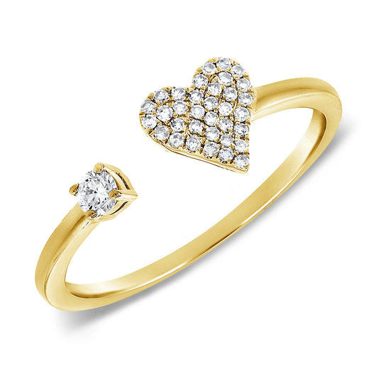 14K Gold Heart Open Diamond Ring with 0.16ct Pavé & Solitaire Accent