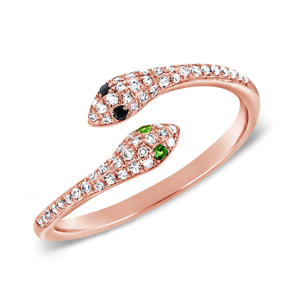 Captivating Double-Serpent Garnet & Diamond Ring in 14K Gold