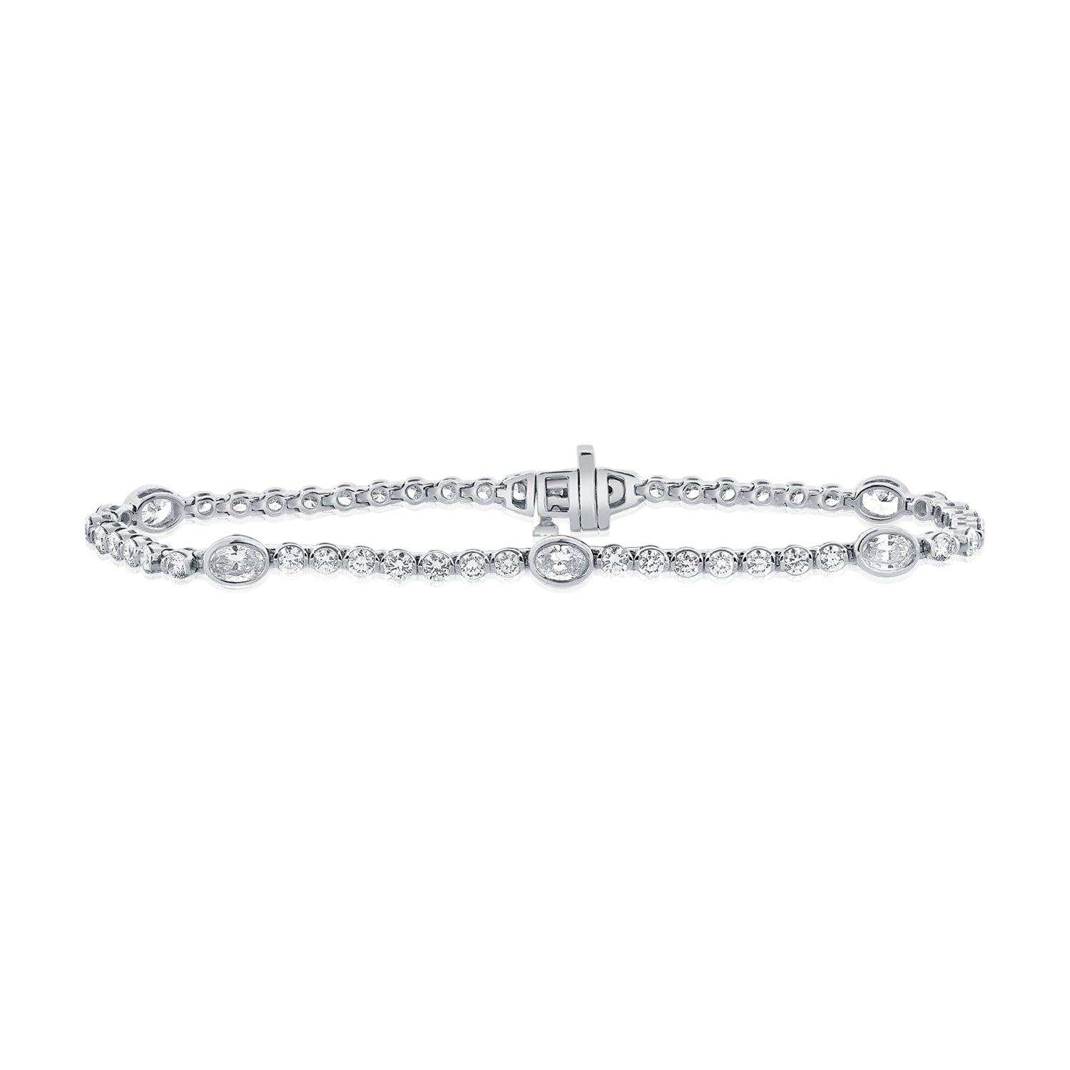 14K Gold 3.26ct Oval & Round Diamond Bezel Tennis Bracelet • 6.75-Inch