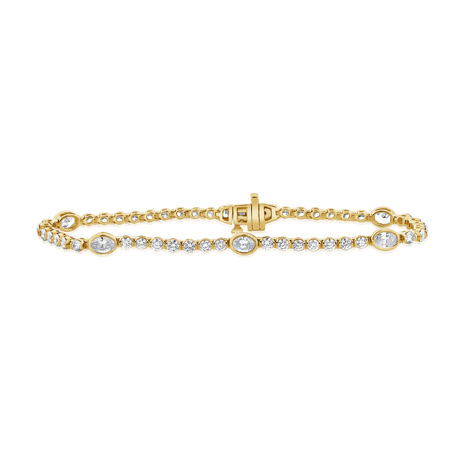 14K Gold 3.26ct Oval & Round Diamond Bezel Tennis Bracelet • 6.75-Inch