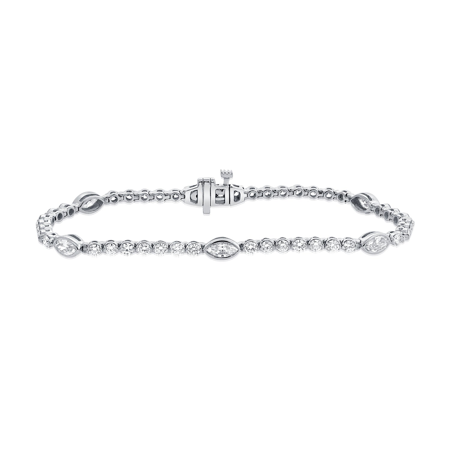 14K Gold 3.12ct Marquise & Round Diamond Bezel Tennis Bracelet • 6.75-Inch