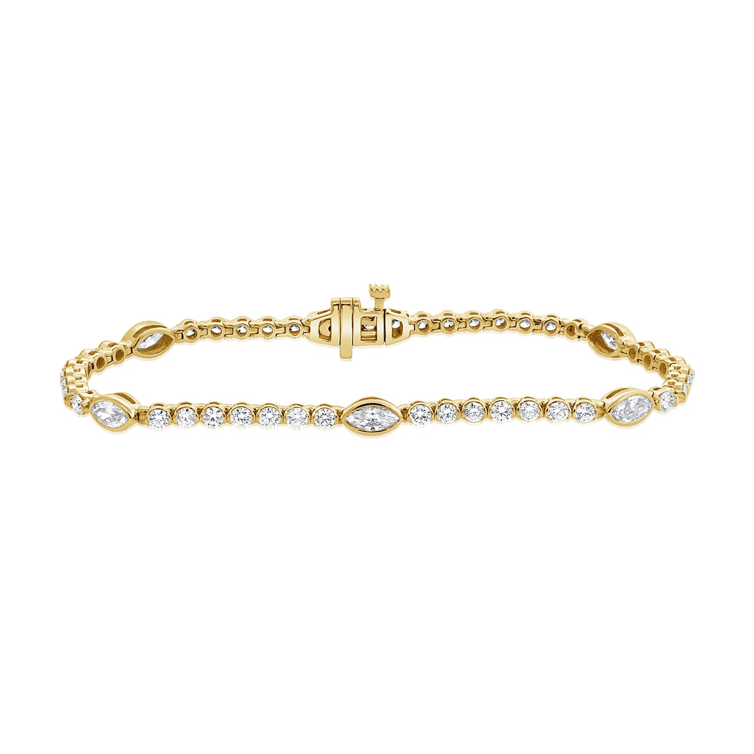 14K Gold 3.12ct Marquise & Round Diamond Bezel Tennis Bracelet • 6.75-Inch