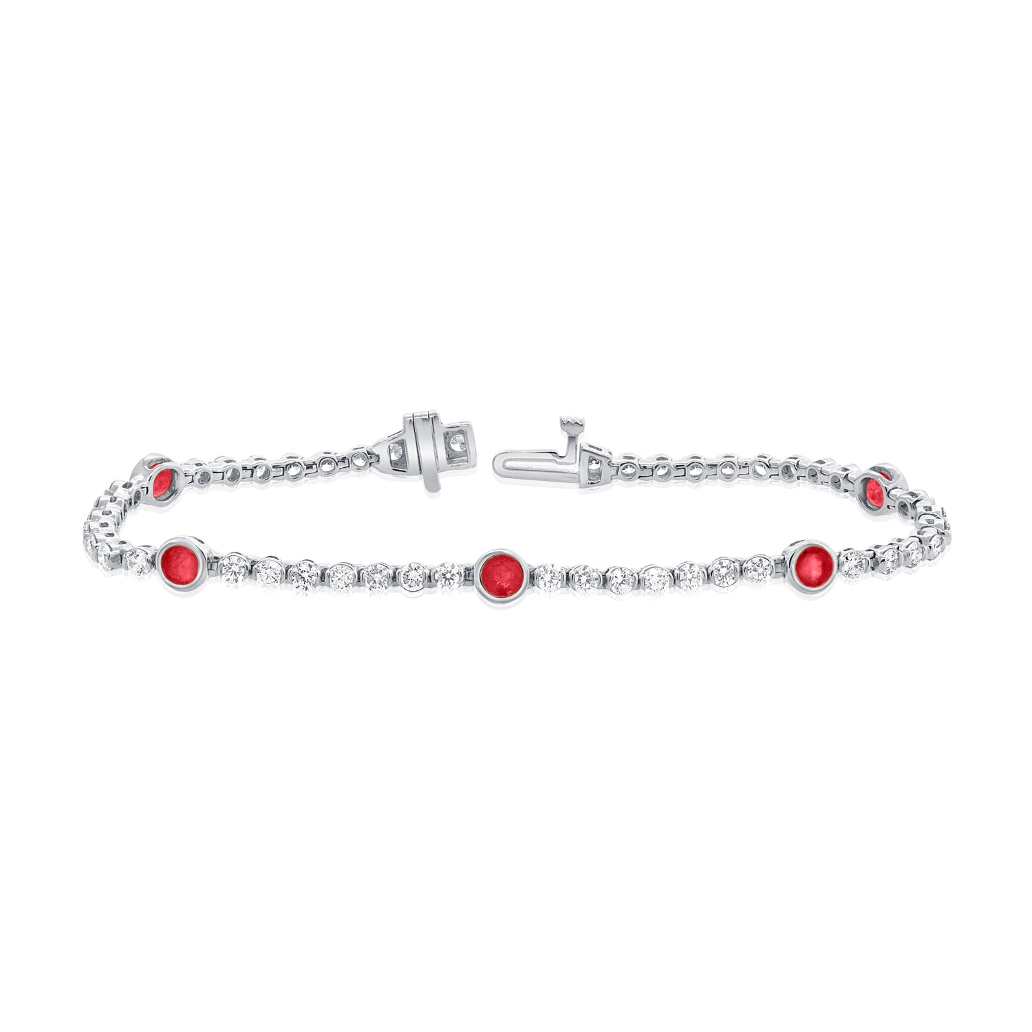 14K Gold 4.42ct Ruby & Diamond Bezel Tennis Bracelet • 6.75-Inch