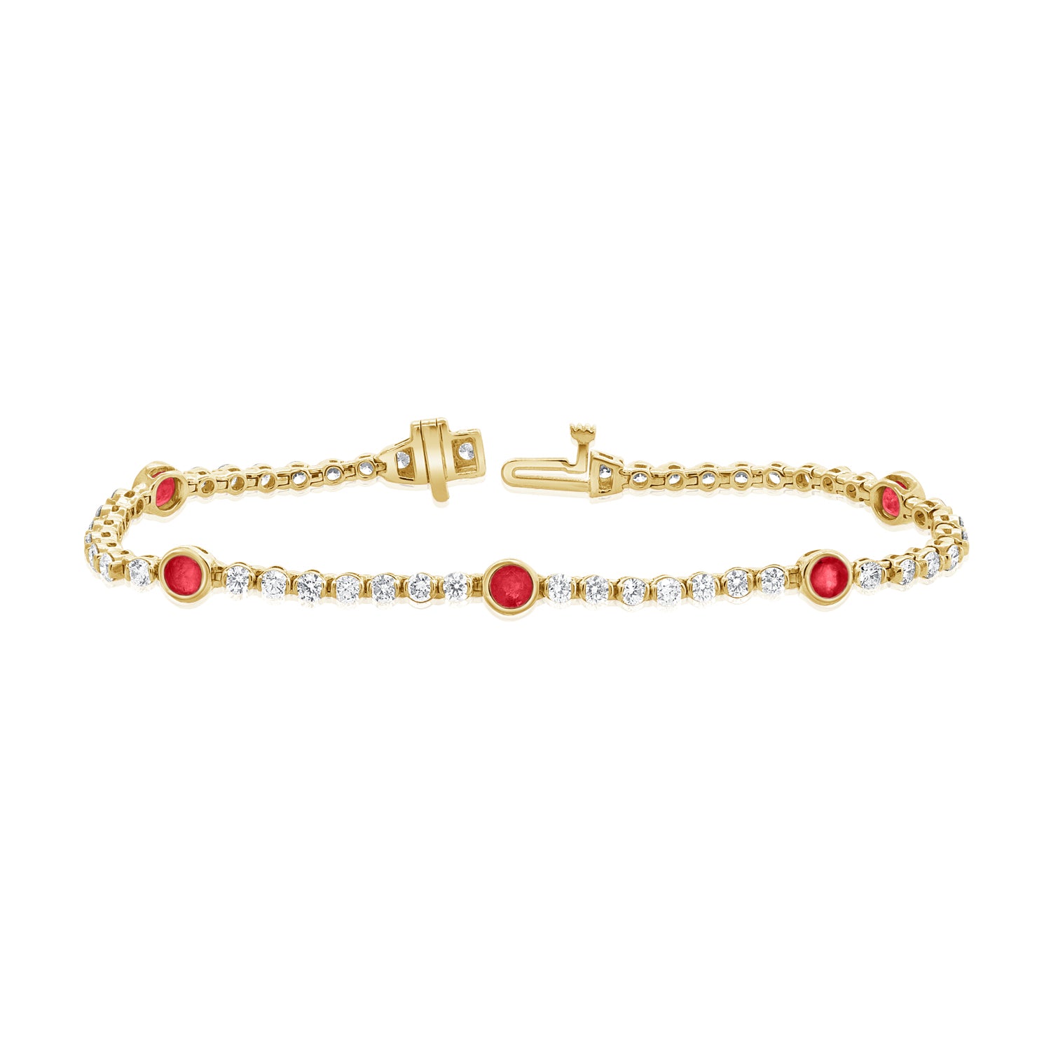 14K Gold 4.42ct Ruby & Diamond Bezel Tennis Bracelet • 6.75-Inch