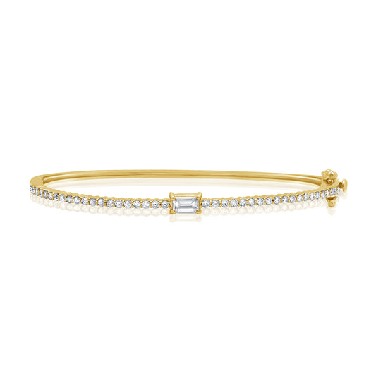1.00 Carat Emerald and Round Cut Diamond Bangle Bracelet in 14K Gold