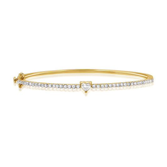 1.00 Carat Heart Shaped and Round Cut Diamond Bangle Bracelet in 14K Gold