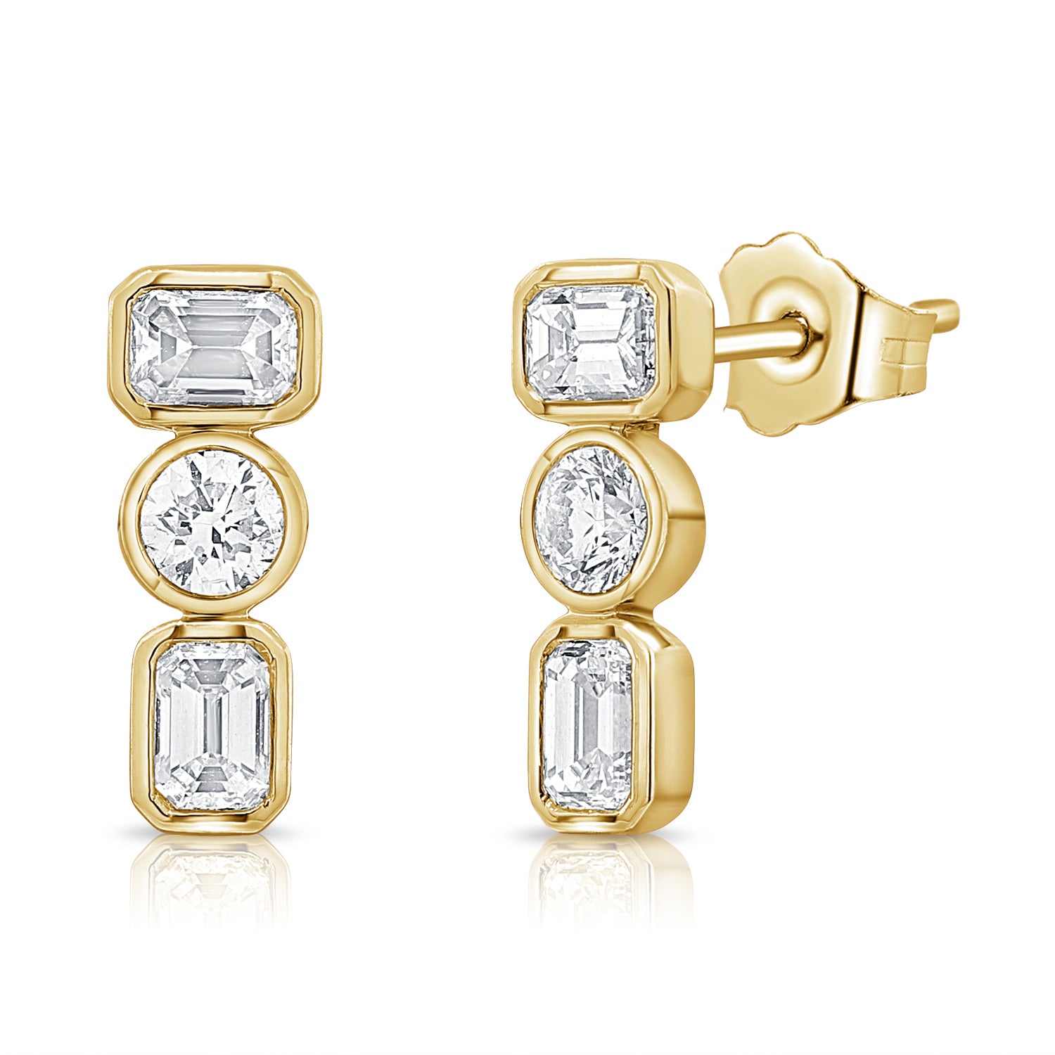 1.17CT Emerald-Cut and Round Diamond Bezel Drop Earrings in 14K Gold