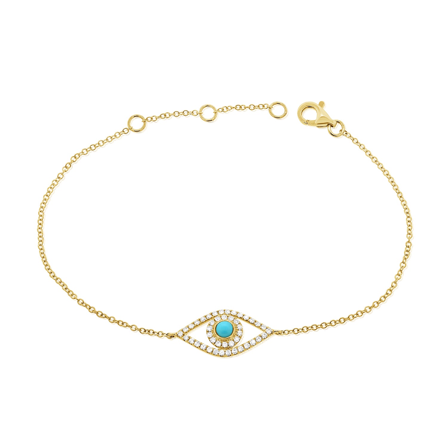 14K Gold 0.29ct Turquoise & Diamond Evil Eye Chain Bracelet