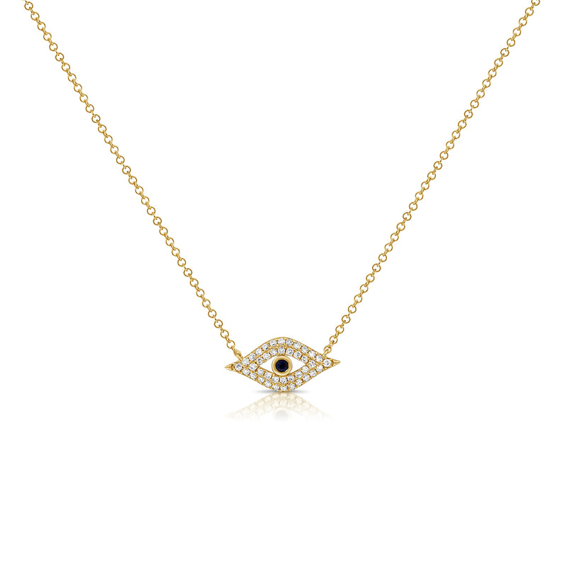 14K Gold Diamond Evil Eye Necklace with Sapphire Center