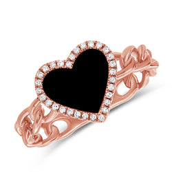 Black Agate & Diamond Heart Chain Ring made in 14K Gold