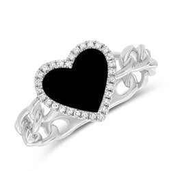 Black Agate & Diamond Heart Chain Ring made in 14K Gold