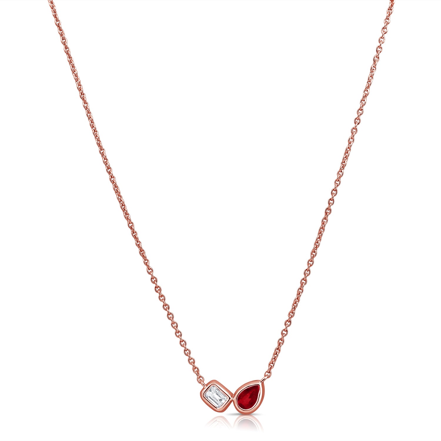 0.52 Carat Emerald Cut Diamond and Ruby Necklace in 14K White, Yellow, or Rose Gold