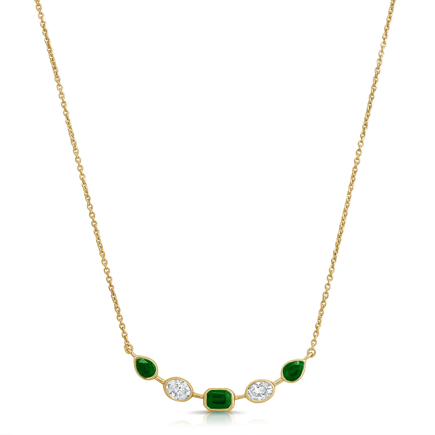14K Gold 1.30ct Emerald & Oval Diamond Bezel Pendant Necklace