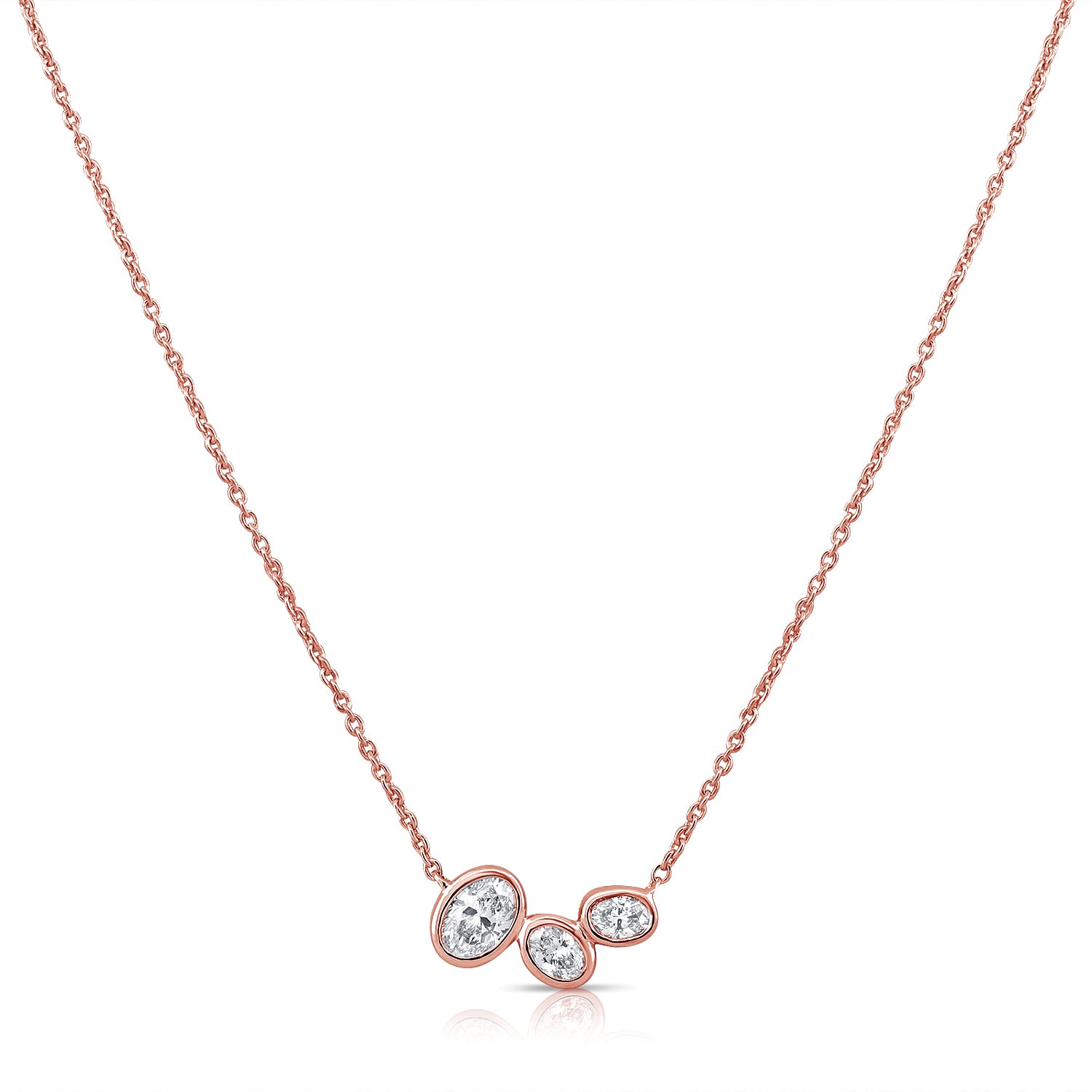 14K Gold 0.46ct Oval Diamond Bezel Three-Stone Pendant Necklace