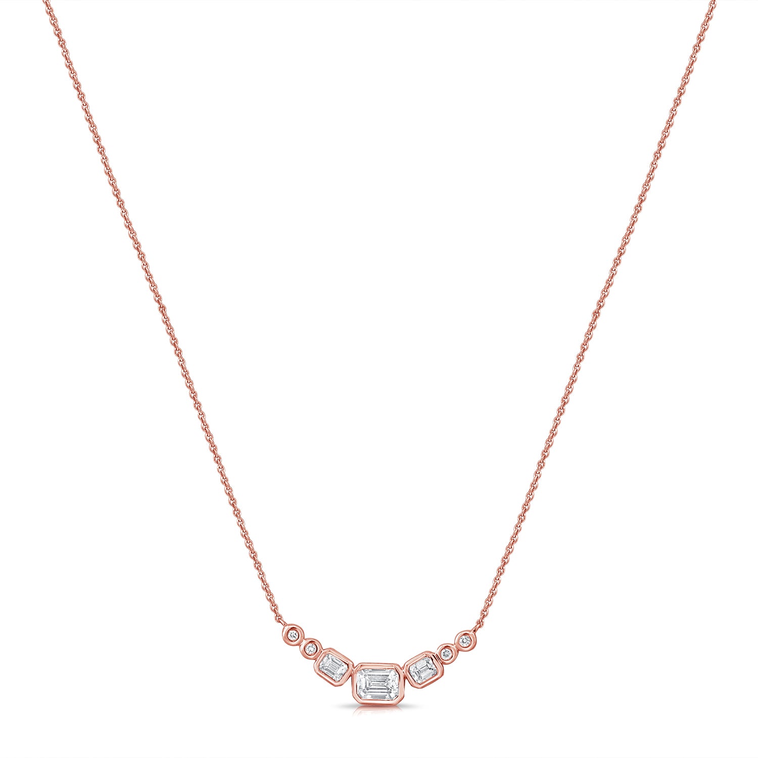 14K Gold 0.58ct Emerald & Round Diamond Bezel Station Necklace