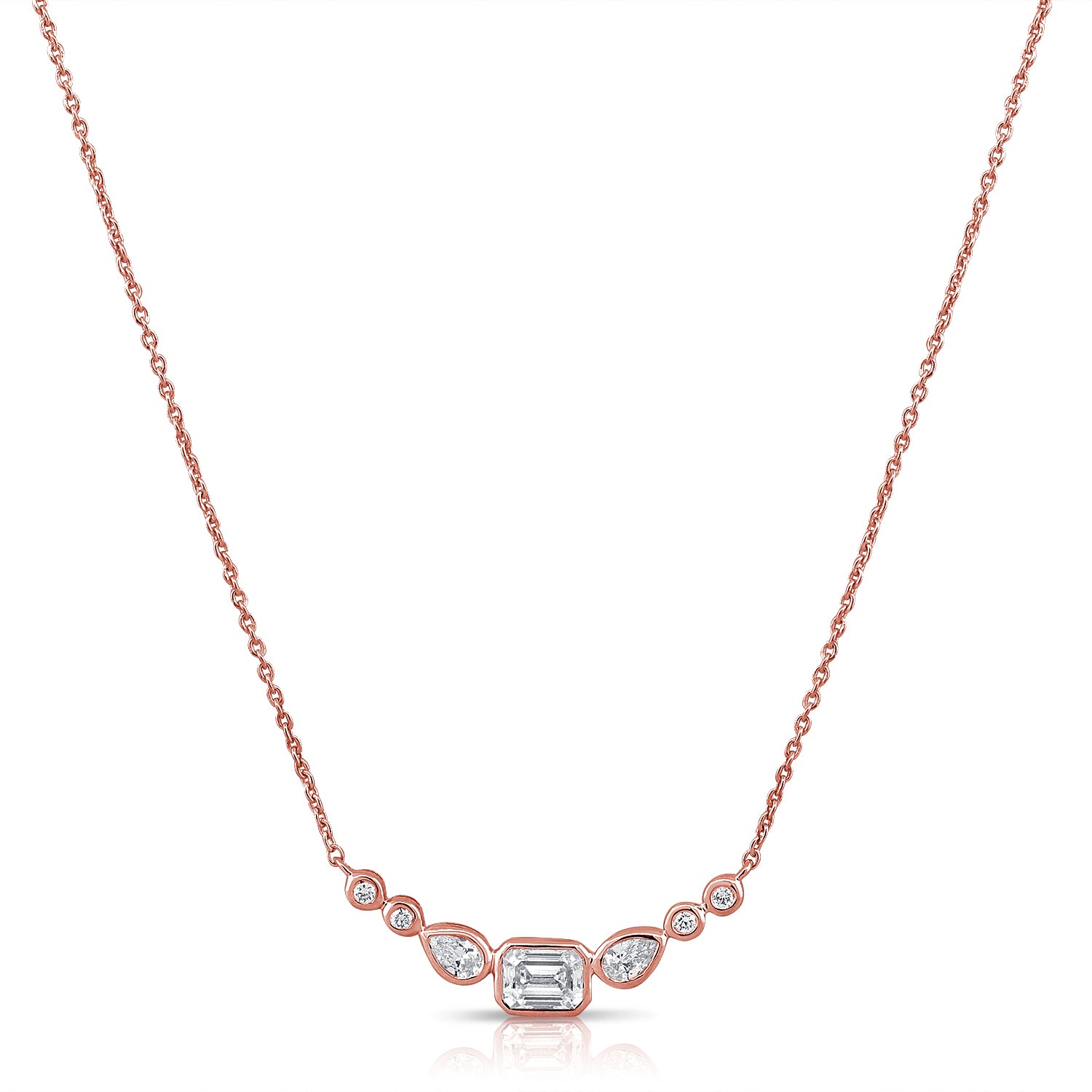 14K Gold 0.55ct Emerald, Pear & Round Diamond Bezel Station Necklace