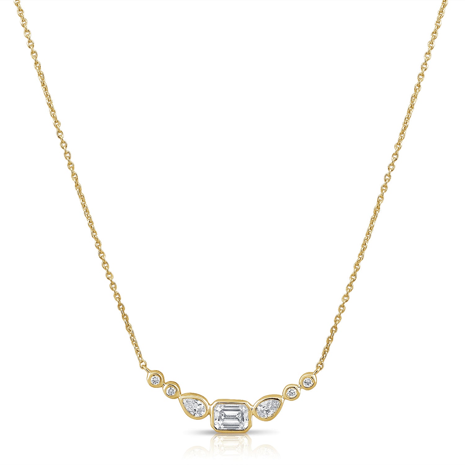 14K Gold 0.55ct Emerald, Pear & Round Diamond Bezel Station Necklace