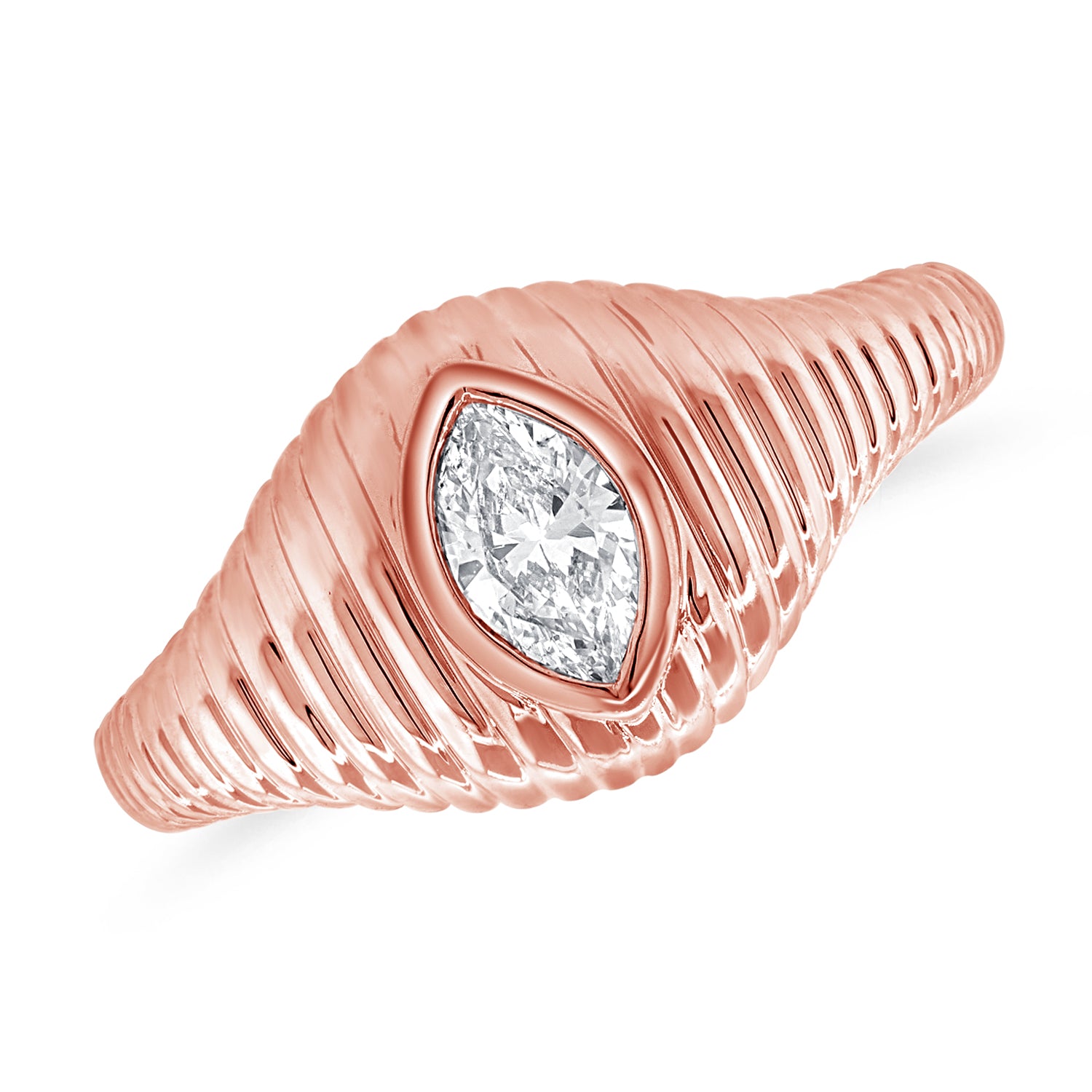 14K Gold 0.32ct Marquise Diamond Fluted Bezel Ring – Sculpted Solitaire Statement Ring