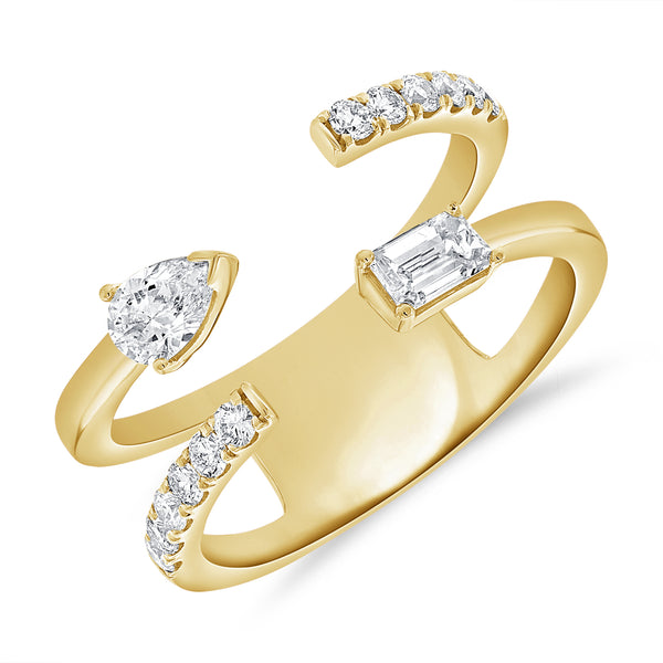 14K Gold Diamond Wrap Ring (0.59 Carat) – Pear, Emerald & Round Cut Diamonds in Open Band Design