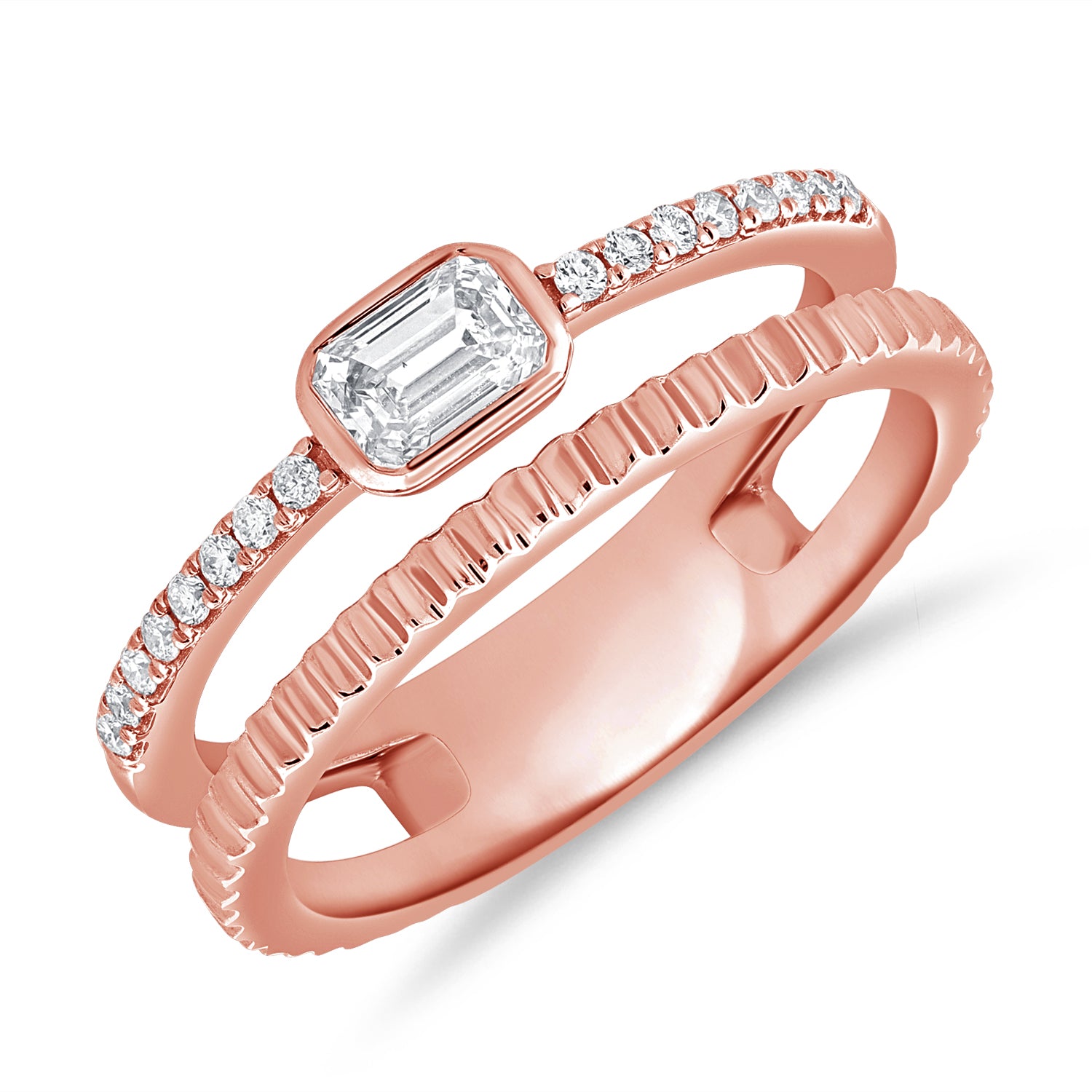 0.37 Carat Emerald Cut Diamond and Round Cut Fluted Ring