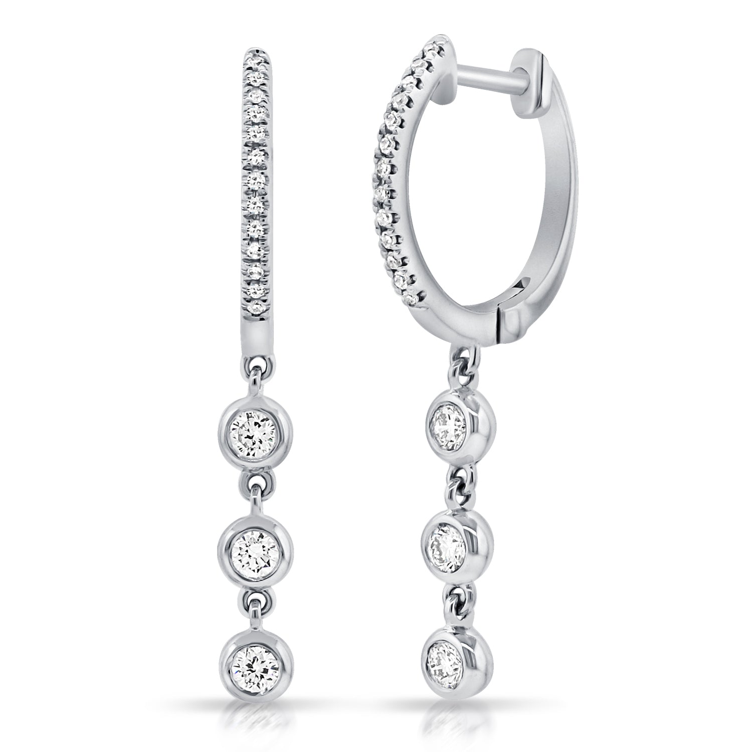 14K Gold Diamond Bezel Drop Huggie Earrings