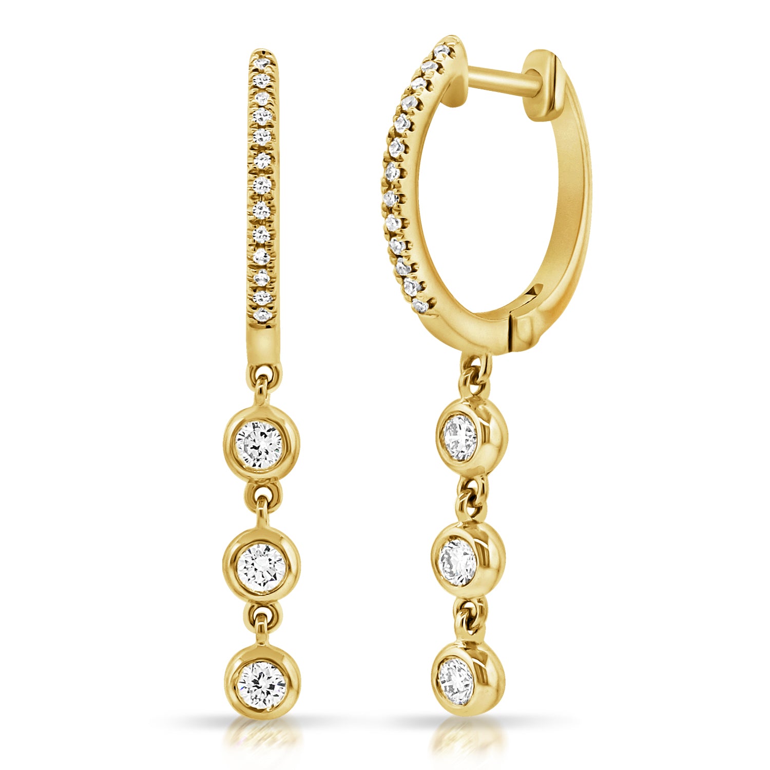 14K Gold Diamond Bezel Drop Huggie Earrings