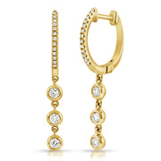 14K Gold Diamond Bezel Drop Huggie Earrings