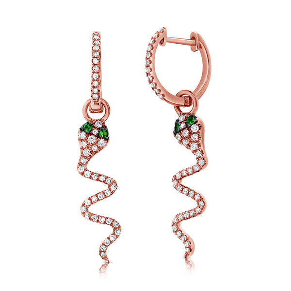 14K Green Tsavorite & Diamond Snake Huggie Earrings